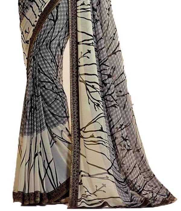 Ladies Saree - Georgette 5.5 Mtr Beige, Banglori Silk Blouse 0.80 Mtr, Elegant Printed Design