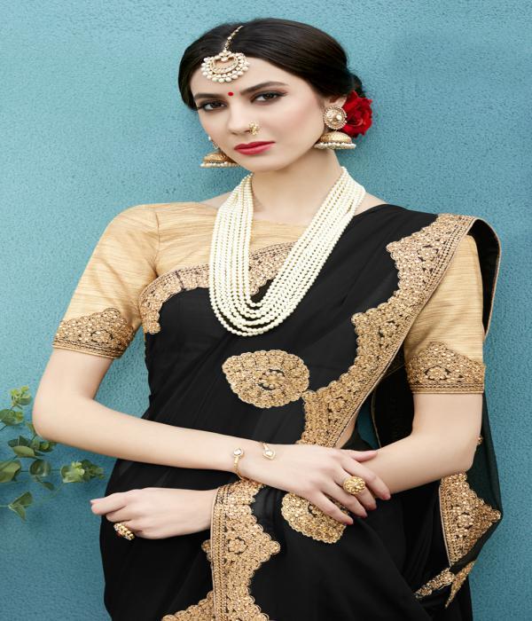 Stone Work Saree - Pure Georgette Fabric, Banarasi Silk Blouse, Lace Border, Zari Resham Embroidery, Stone Work