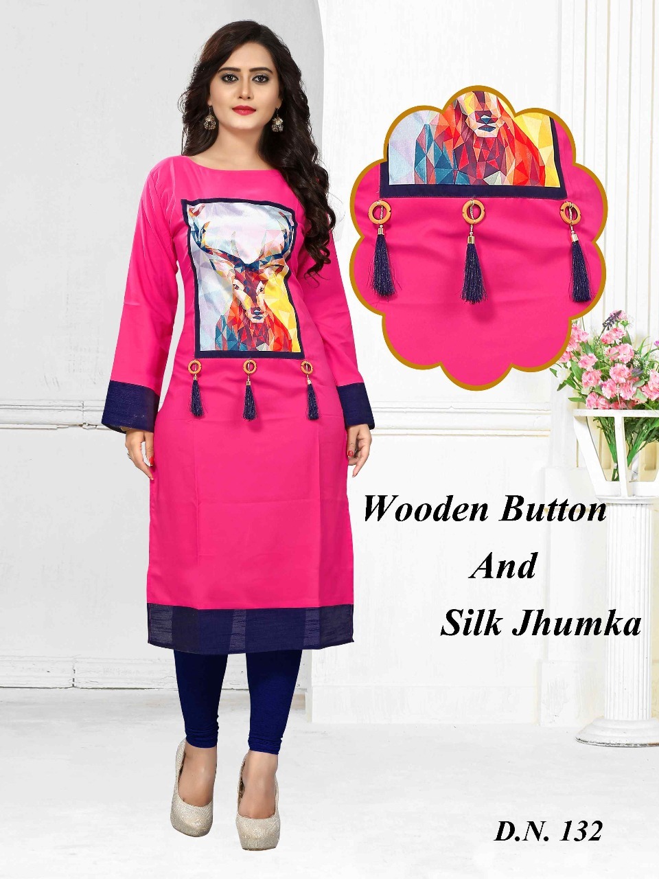 Cotton Designer Kurtis With Wooden Button And Jhumka