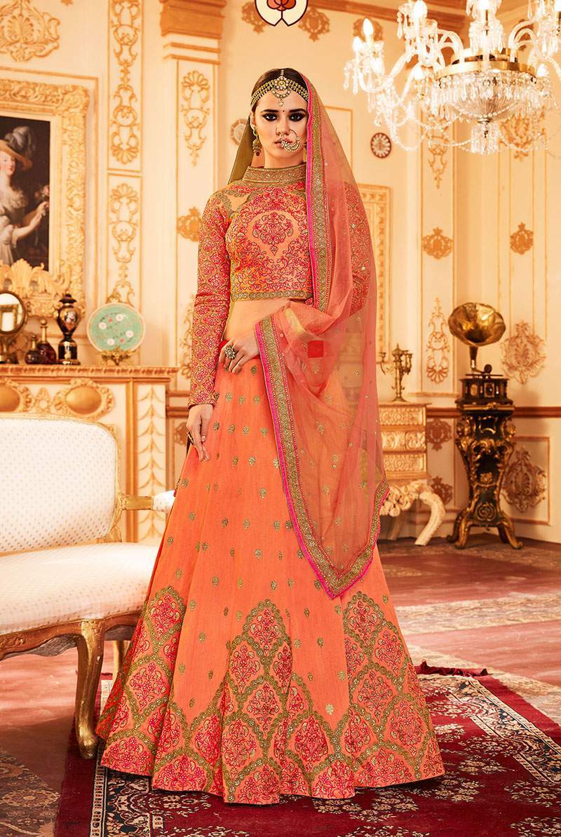 Row Silk Embroidered Lehenga Choli - Customized Size Up To 42", Multi-color Ethnic Wear For Parties & Weddings, Short Sleeve Bollywood Style