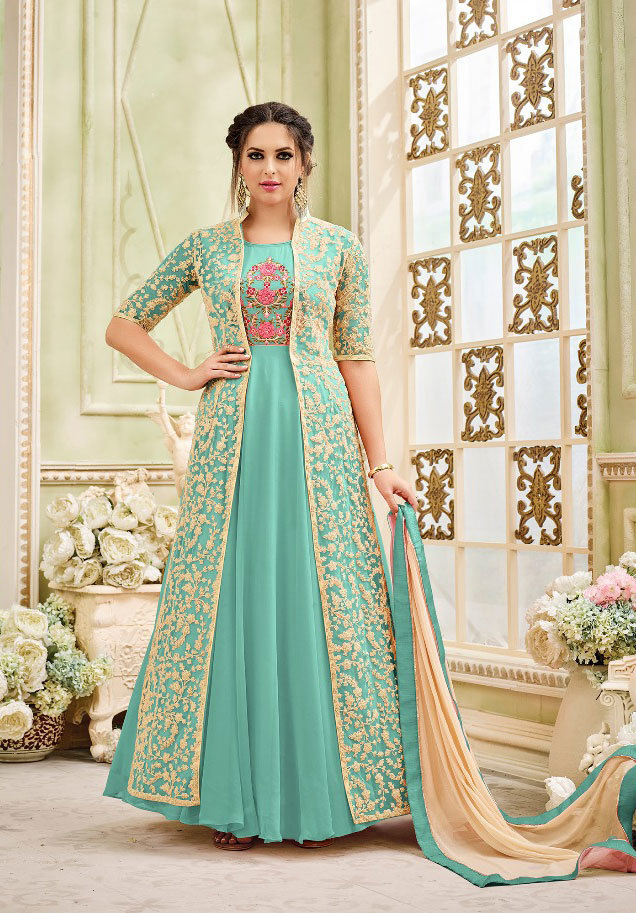 Multicolour Sajawat Pink Jacket Style Salwar Suit Partywear