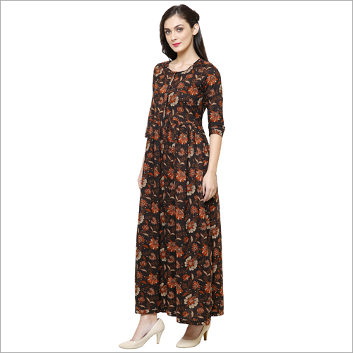 Kurtis - Cotton Maxi, Brown, 3/4 Sleeves | Stylish Design, Comfortable Fabric, Perfect Fit, Elegant Look, Versatile Style, Durable Material, Trendy Printed Pattern