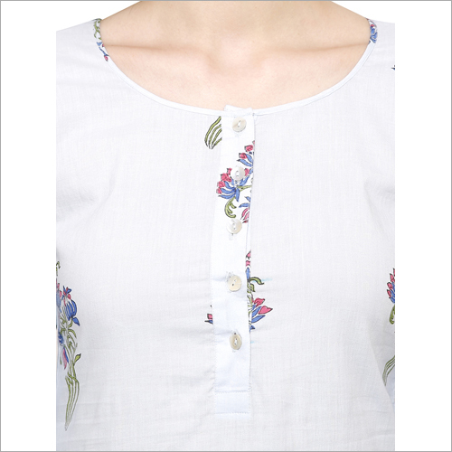 Kurtis - Cotton, 52 Inches, White | Floral Print, Elegant Design, Comfortable Fit, Round Neck, 3/4 Sleeves