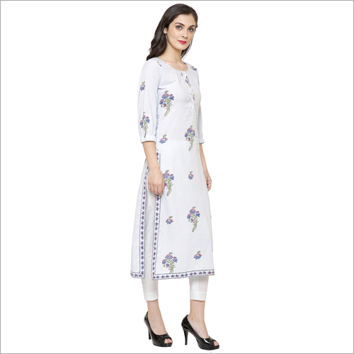 Kurtis - Cotton, 52 Inches, White | Floral Print, Elegant Design, Comfortable Fit, Round Neck, 3/4 Sleeves