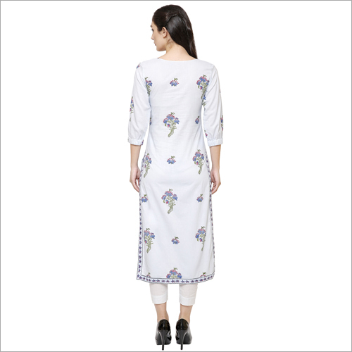 Kurtis - Cotton, 52 Inches, White | Floral Print, Elegant Design, Comfortable Fit, Round Neck, 3/4 Sleeves