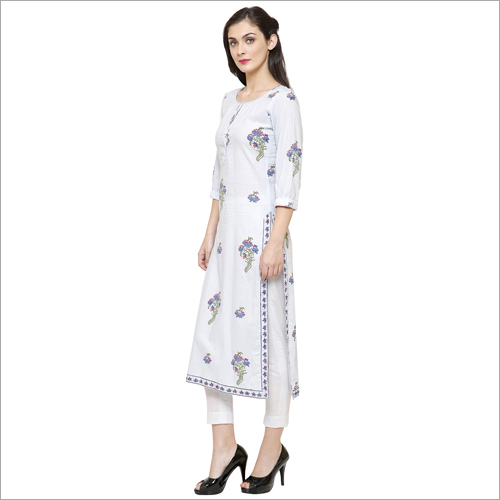 Kurtis - Cotton, 52 Inches, White | Floral Print, Elegant Design, Comfortable Fit, Round Neck, 3/4 Sleeves