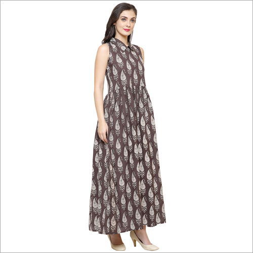 Kurtis - Cotton Maxi, Brown, S-xl | Stylish Design, Comfortable Fit, Sleeveless, Collared Neckline, Printed Pattern