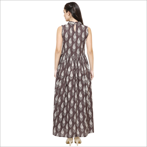 Kurtis - Cotton Maxi, Brown, S-xl | Stylish Design, Comfortable Fit, Sleeveless, Collared Neckline, Printed Pattern