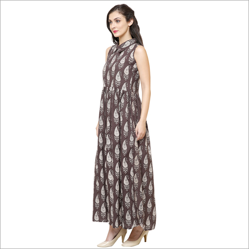 Kurtis - Cotton Maxi, Brown, S-xl | Stylish Design, Comfortable Fit, Sleeveless, Collared Neckline, Printed Pattern