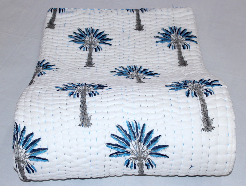 100% Cotton Blue Palm Tree Kantha Quilt