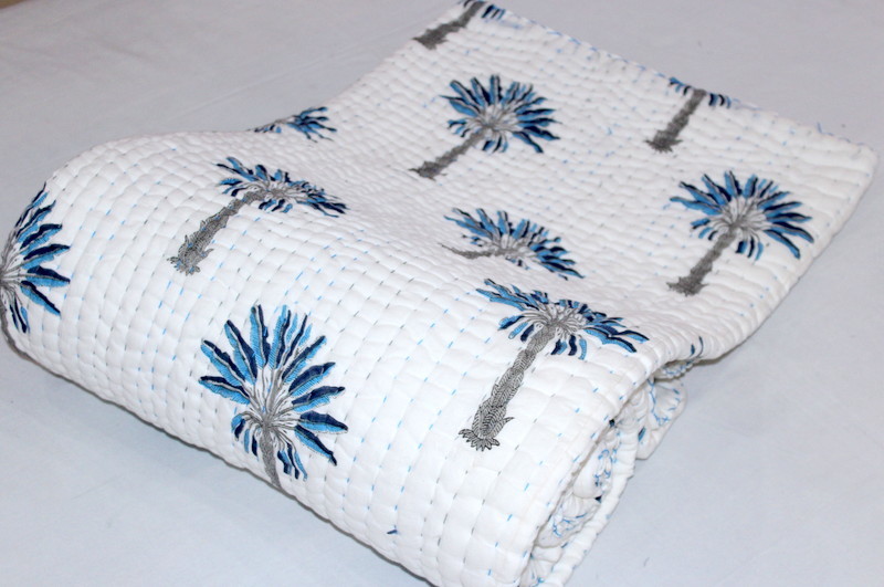 100% Cotton Blue Palm Tree Kantha Quilt