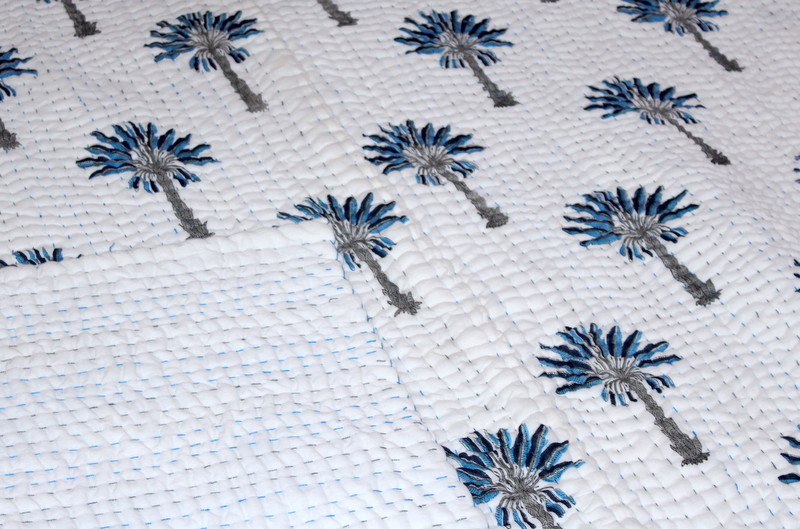 100% Cotton Blue Palm Tree Kantha Quilt