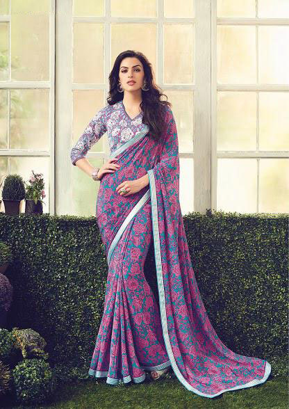 Viscose Crepe Printed Chanderi Saree - 5.5mtr With 80cm Blouse | Multicolour Bollywood Style, Embroidered Heavy Border