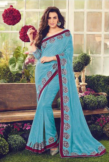 Viscose Crepe Printed Chanderi Saree - 5.5mtr With 80cm Blouse | Multicolour Bollywood Style, Embroidered Heavy Border