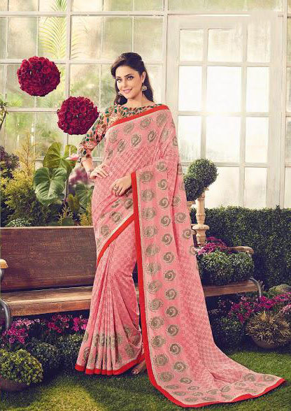 Viscose Crepe Printed Chanderi Saree - 5.5mtr With 80cm Blouse | Multicolour Bollywood Style, Embroidered Heavy Border