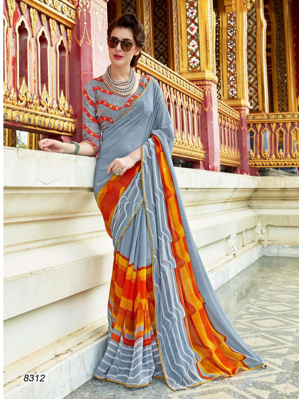 Multicolour Georgette Saree With Raw Silk Embroidered Blouse 8301-8312