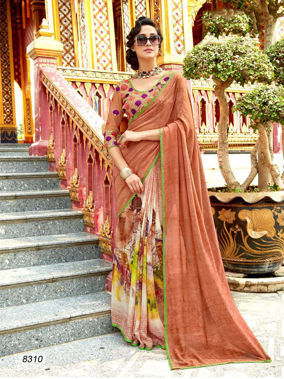 Multicolour Georgette Saree With Raw Silk Embroidered Blouse 8301-8312