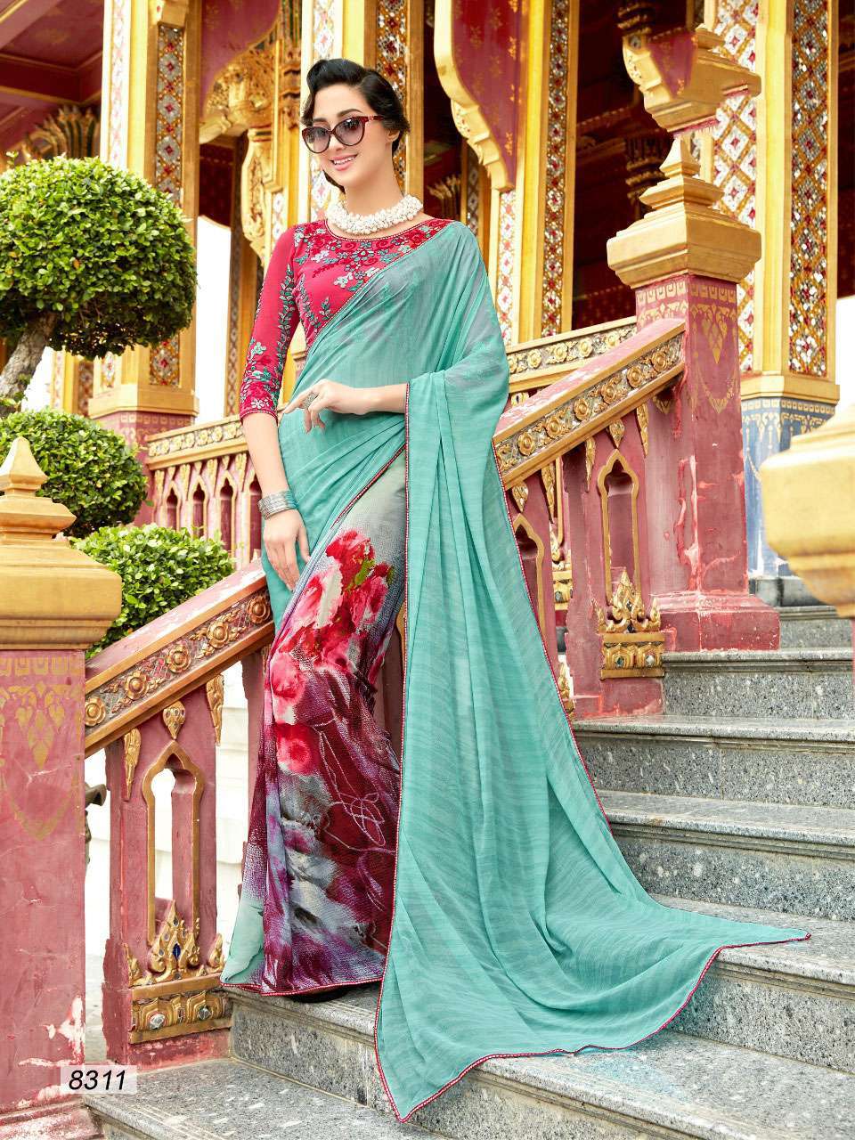 Multicolour Georgette Saree With Raw Silk Embroidered Blouse 8301-8312