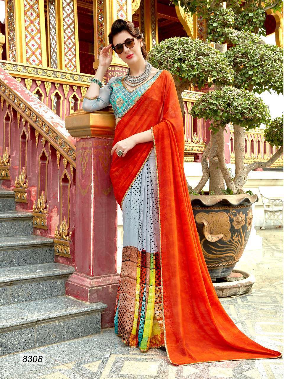 Multicolour Georgette Saree With Raw Silk Embroidered Blouse 8301-8312
