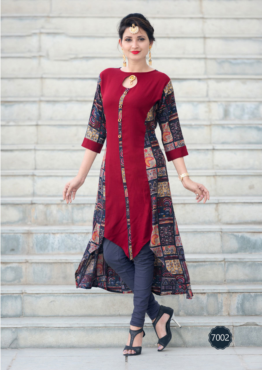 Multicolour Rayon Kurtis 7001-7007 Long Stylish Patterms In Sethnic Surat