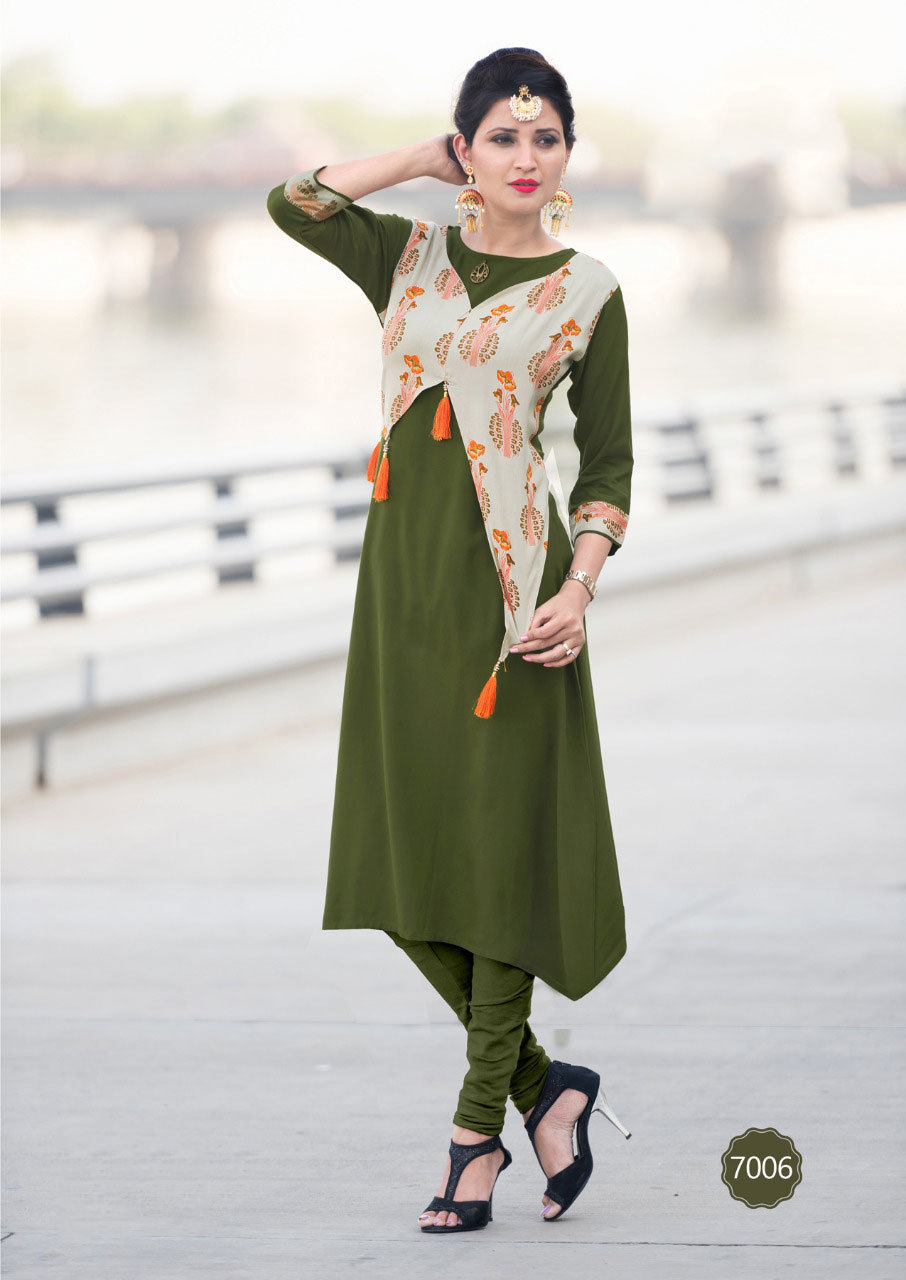 Rayon Kurtis 7001-7007 Long Stylish Patterns - Multicolour, M, L, Xl, Xxl | Traditional Printed Fabric, Short & 3-4th Sleeves, Ethnic Wear