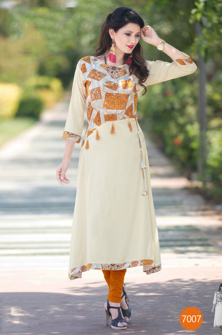 Rayon Kurtis 7001-7007 Long Stylish Patterns - Multicolour, M, L, Xl, Xxl | Traditional Printed Fabric, Short & 3-4th Sleeves, Ethnic Wear