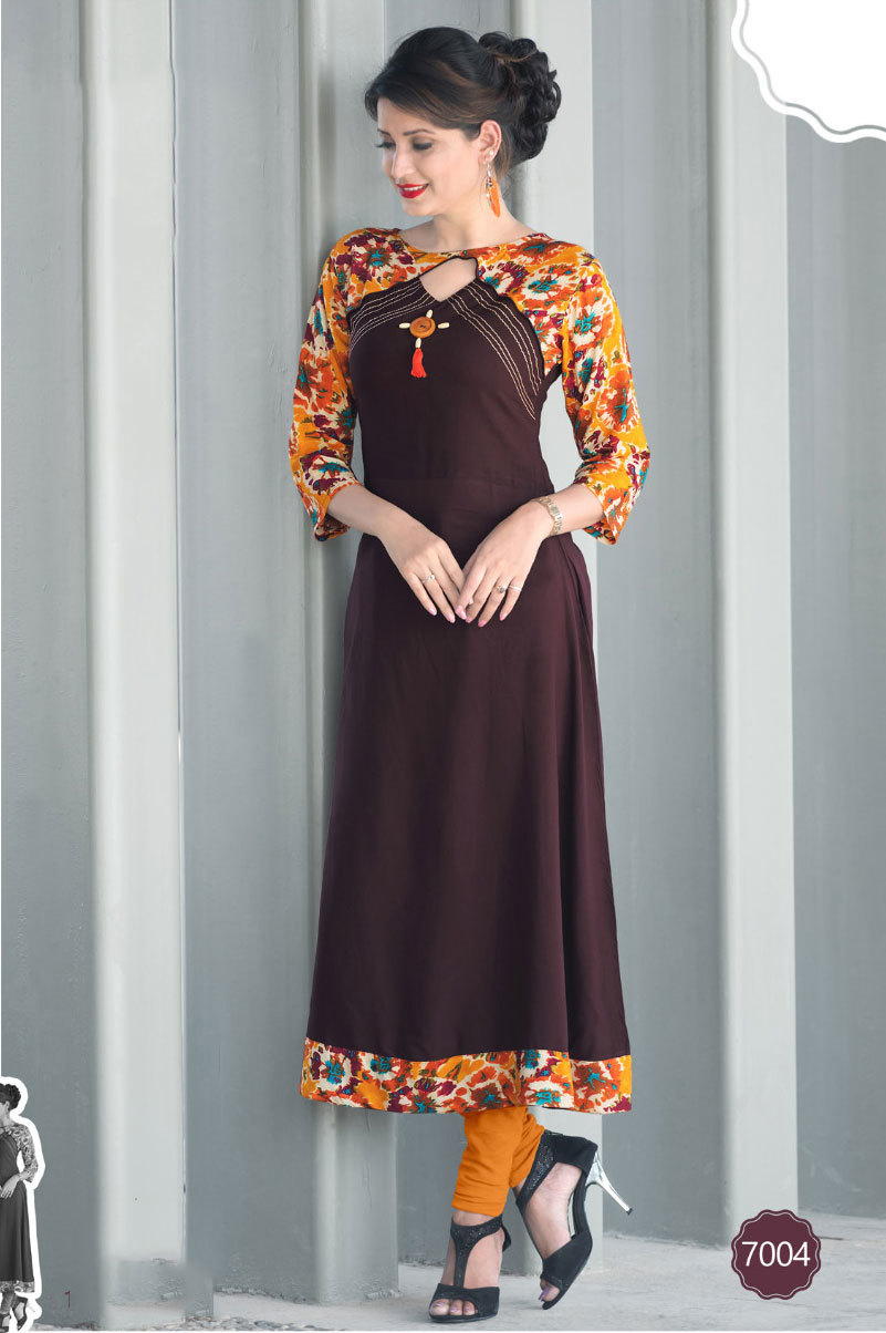 Rayon Kurtis 7001-7007 Long Stylish Patterns - Multicolour, M, L, Xl, Xxl | Traditional Printed Fabric, Short & 3-4th Sleeves, Ethnic Wear