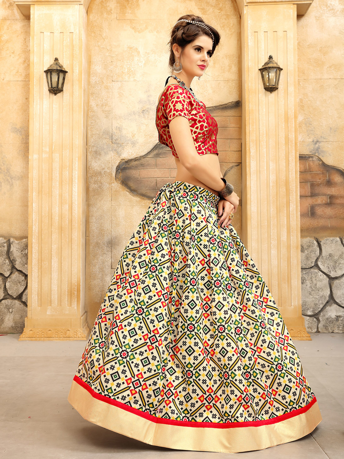 Bridal Lehenga Choli Set - Twrill Silk, Free Size | Multi-color, Printed & Jacquard Silk Work, 3.25 Meter Flair, 42 Inch Length, Short Sleeves