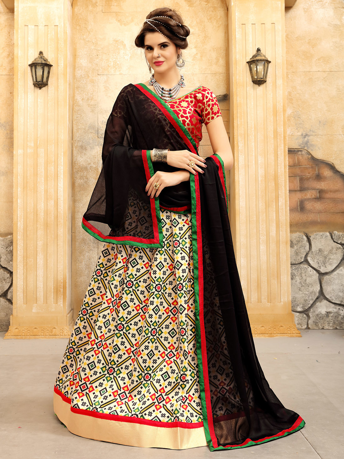 Bridal Lehenga Choli Set - Twrill Silk, Free Size | Multi-color, Printed & Jacquard Silk Work, 3.25 Meter Flair, 42 Inch Length, Short Sleeves