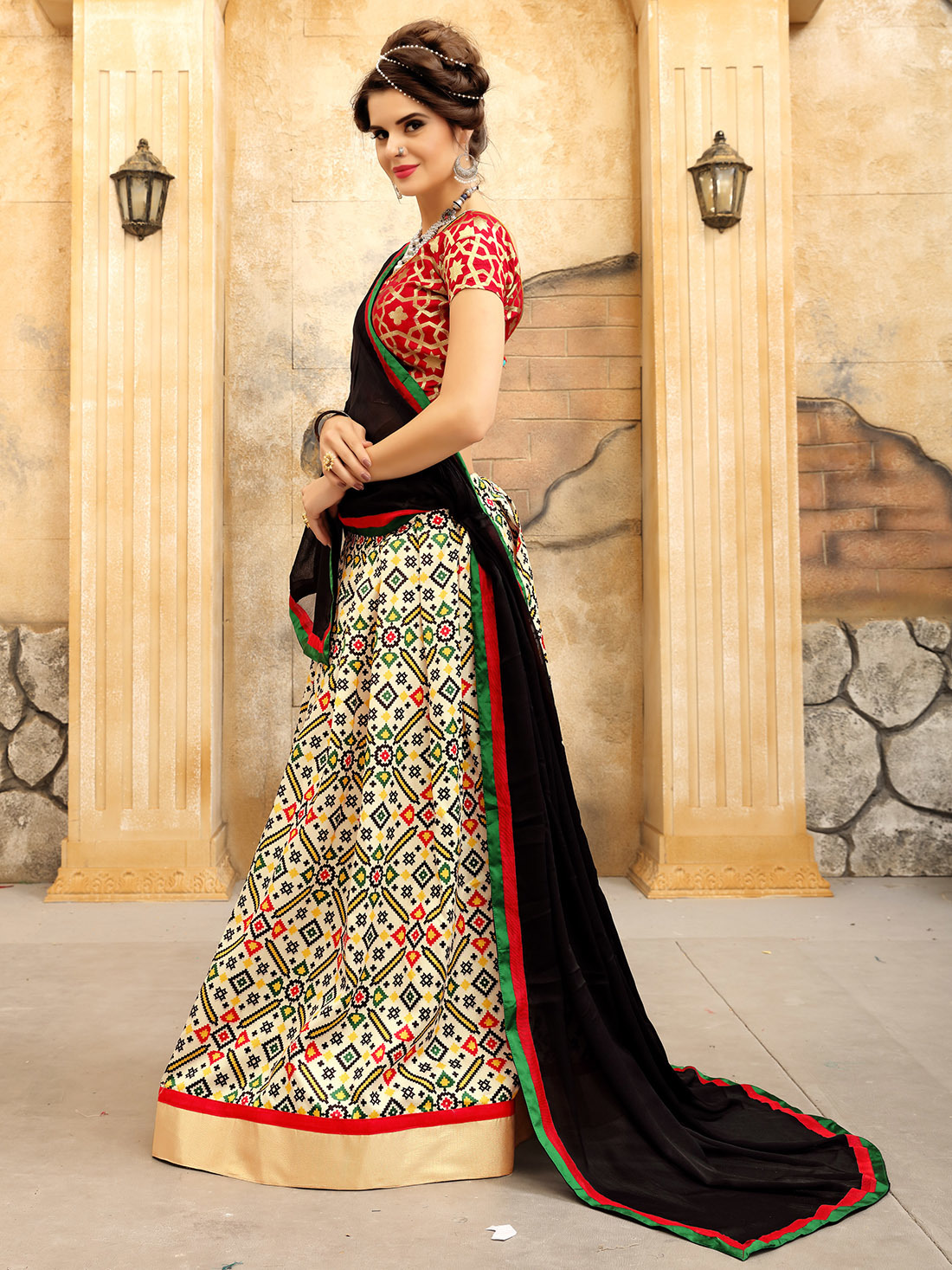 Bridal Lehenga Choli Set - Twrill Silk, Free Size | Multi-color, Printed & Jacquard Silk Work, 3.25 Meter Flair, 42 Inch Length, Short Sleeves