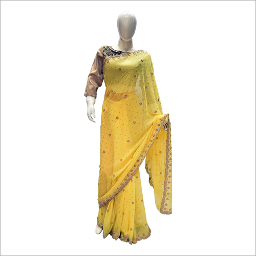 Yellow Ladies Designer Party Wear Saree