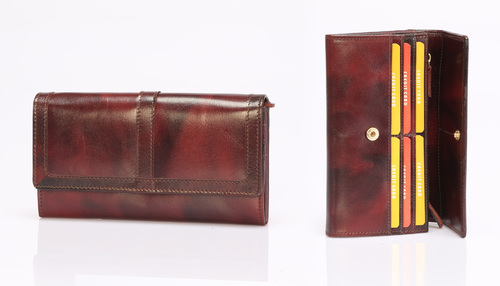 Designer Ladies Wallets - Genuine Leather, 4.5 x 7.5 Inches, Burgundy Color - 12 Compartments, RFID Blocking, Snap Closure