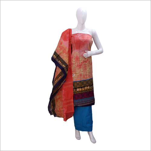 Ladies Cotton Suit - Pure Cotton Semi Stitched Fabrics, Blue and Orange Printed Design with Matching Dupatta