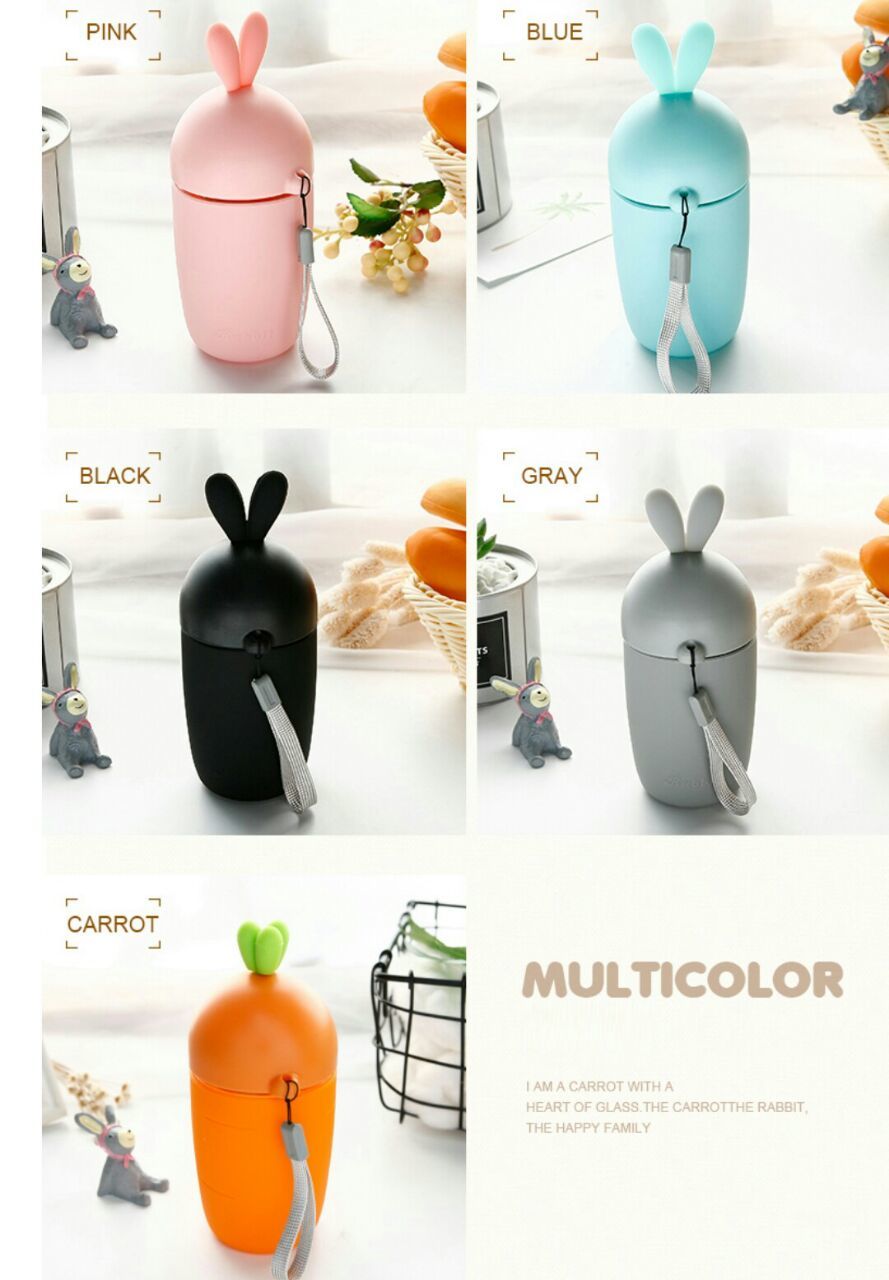 Radish Rabbit Style Portable Children Cups - Silicon & Glass, 280 Ml Capacity, Soft Material In Pink, Blue, Black, Grey, Orange | Customizable Design