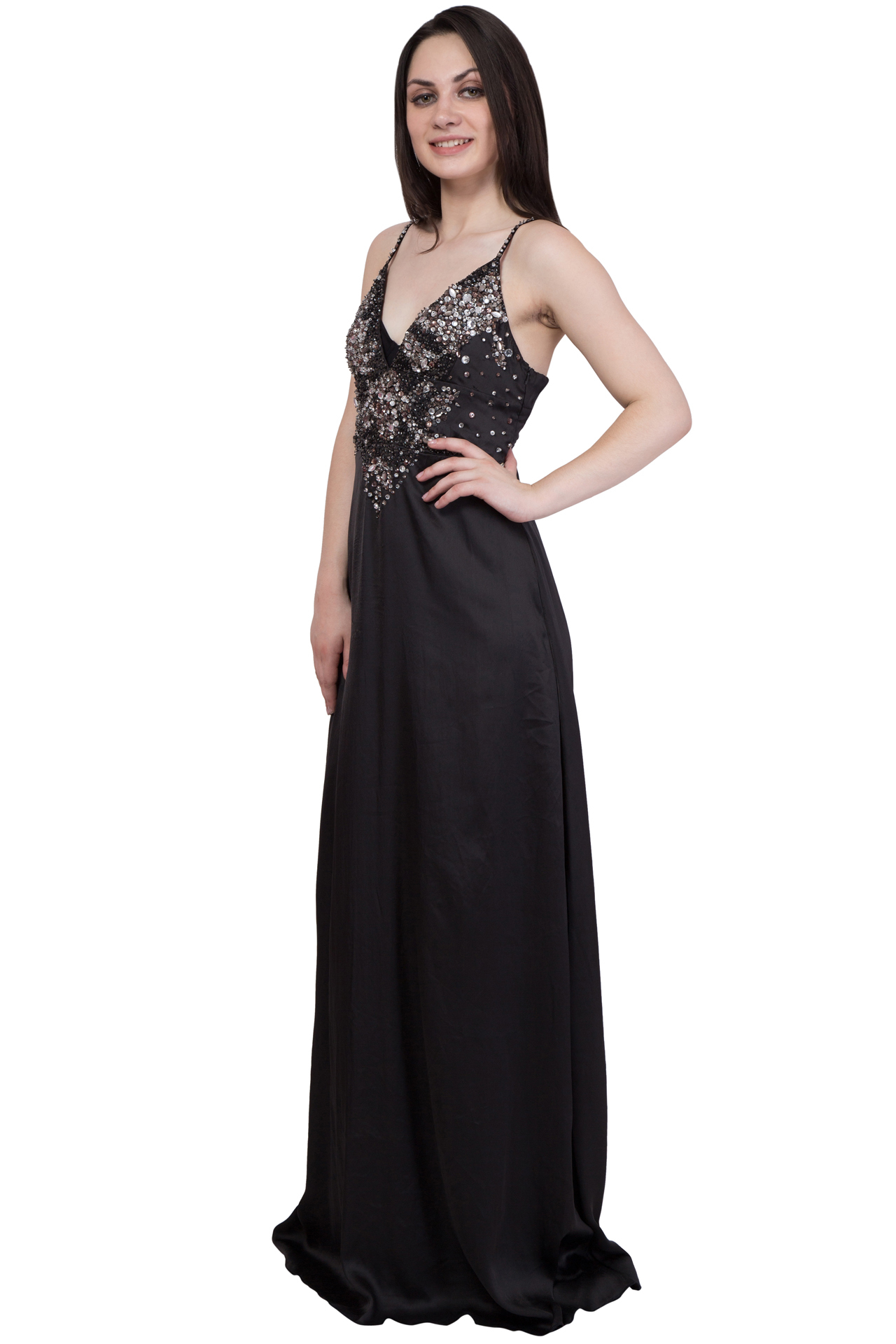 Satin Long Dress - Floor-length, Black Sleeveless V-neck With Back Zipper And Sequin Embellishment