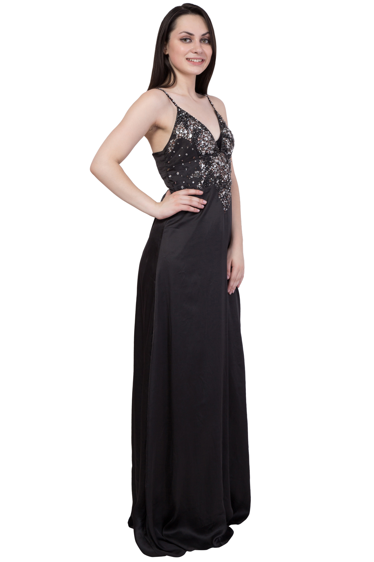 Satin Long Dress - Floor-length, Black Sleeveless V-neck With Back Zipper And Sequin Embellishment