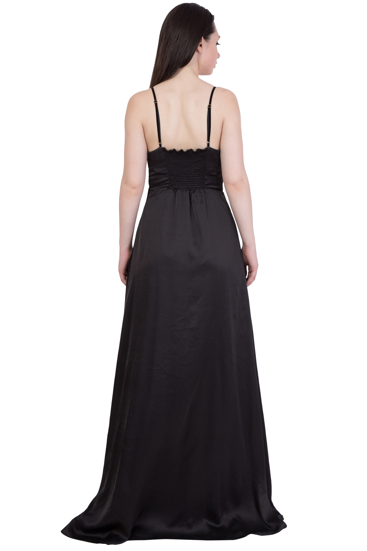 Satin Long Dress - Floor-length, Black Sleeveless V-neck With Back Zipper And Sequin Embellishment
