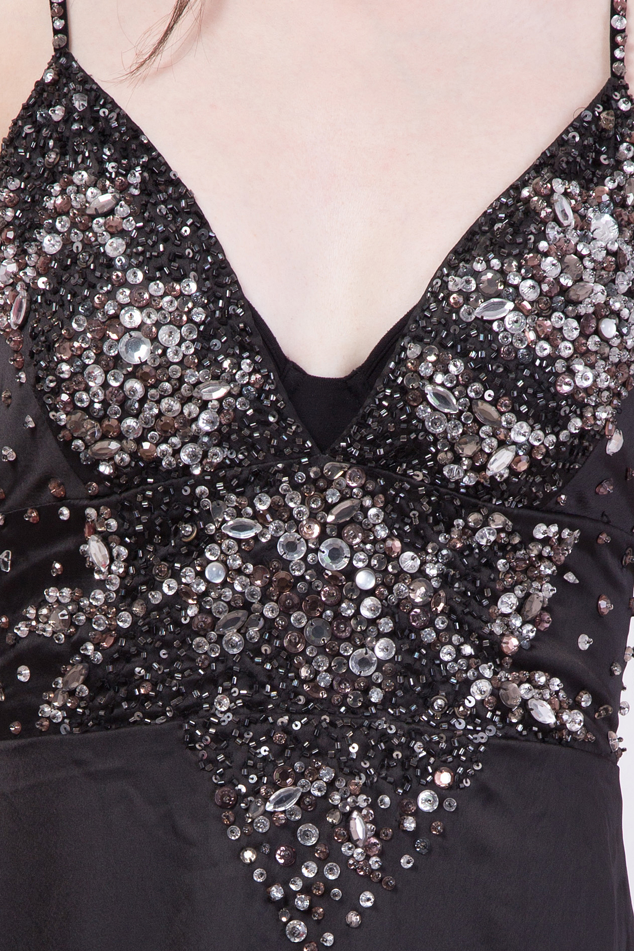 Satin Long Dress - Floor-length, Black Sleeveless V-neck With Back Zipper And Sequin Embellishment