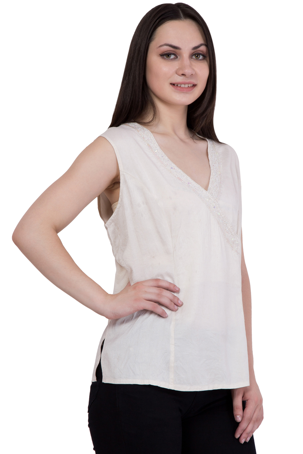 Tops - Cotton Linen, 24 Inches Length, Off-white Color | Stylish Design, Comfortable Fit, V-neck, Sleeveless, Elegant Look, Versatile Top