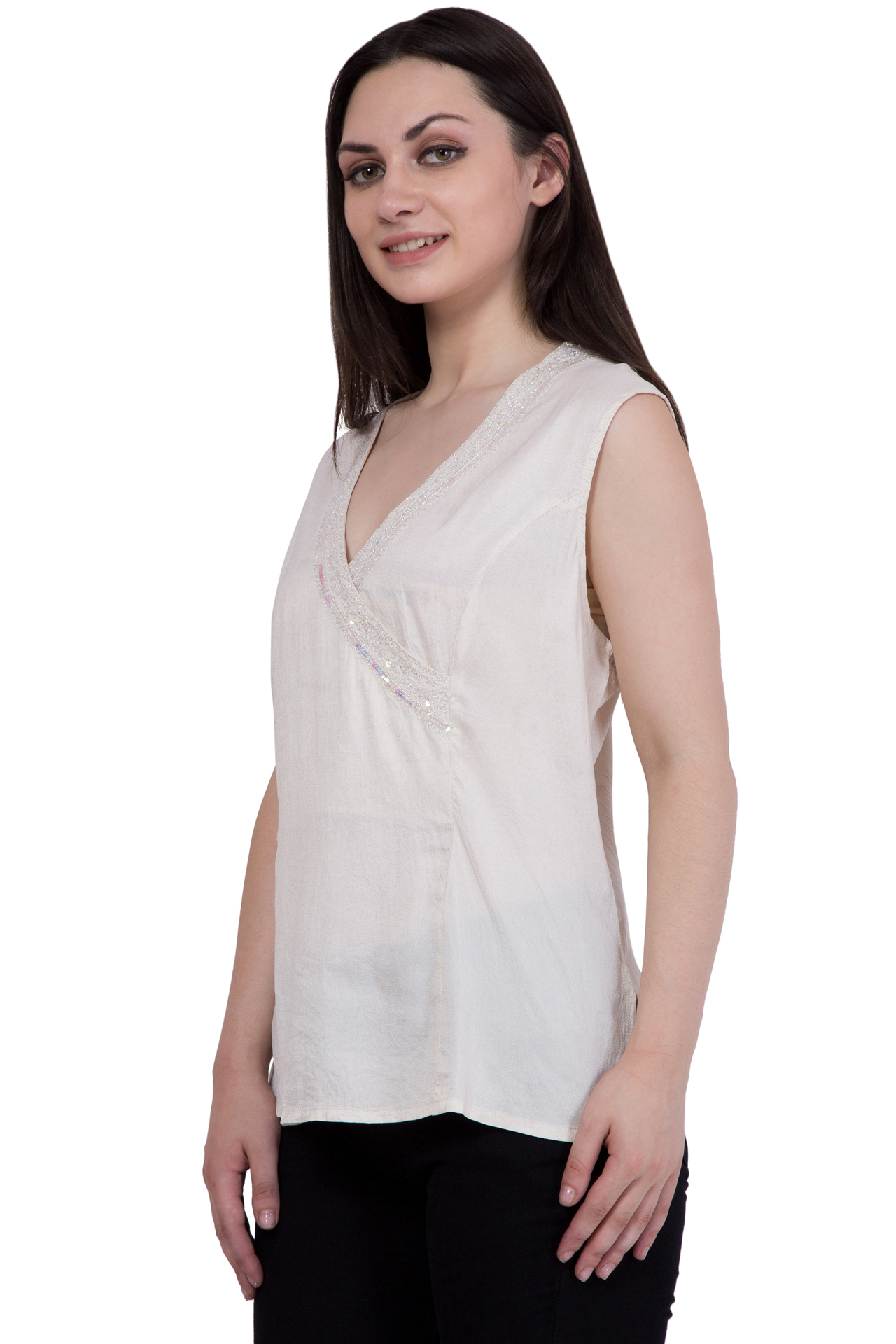 Tops - Cotton Linen, 24 Inches Length, Off-white Color | Stylish Design, Comfortable Fit, V-neck, Sleeveless, Elegant Look, Versatile Top