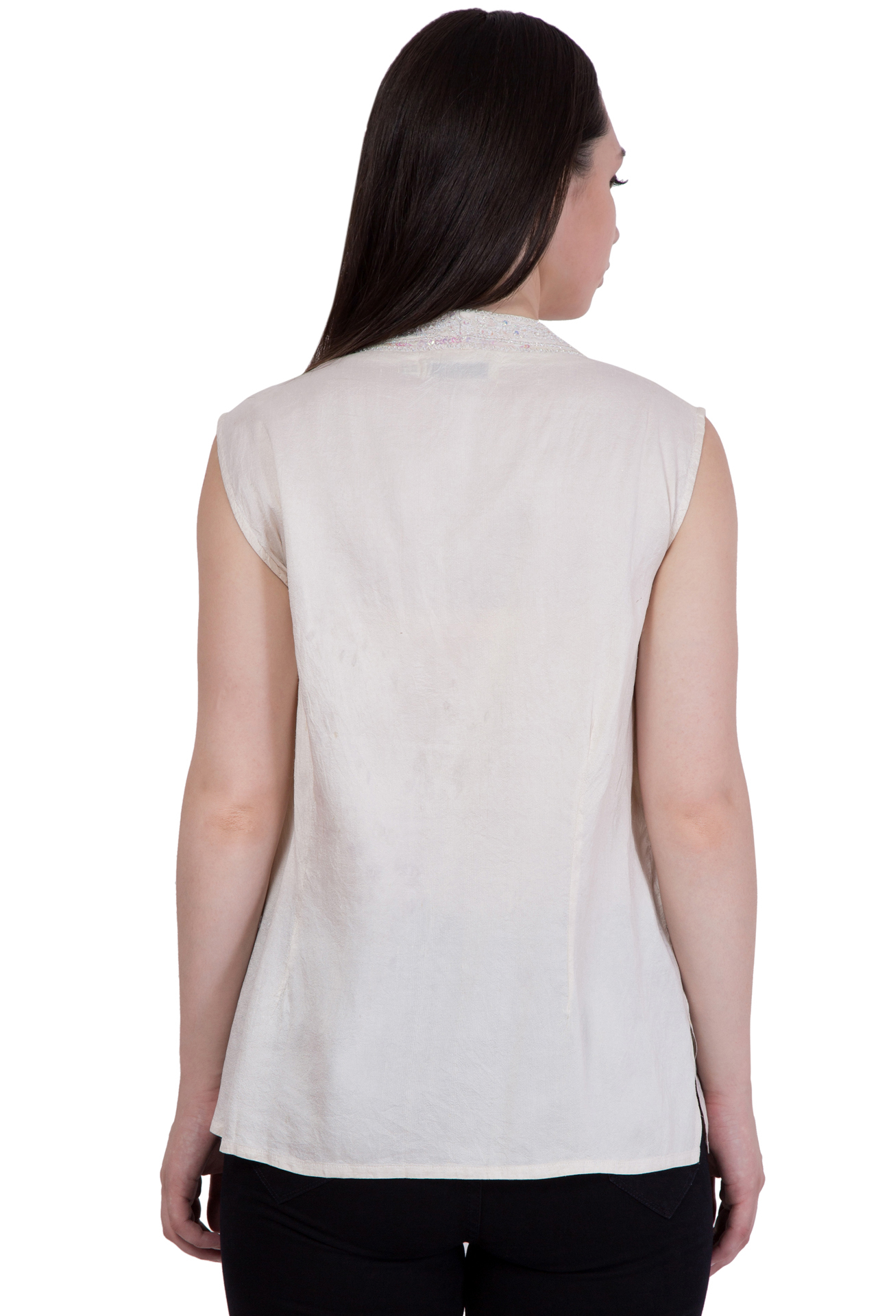 Tops - Cotton Linen, 24 Inches Length, Off-white Color | Stylish Design, Comfortable Fit, V-neck, Sleeveless, Elegant Look, Versatile Top