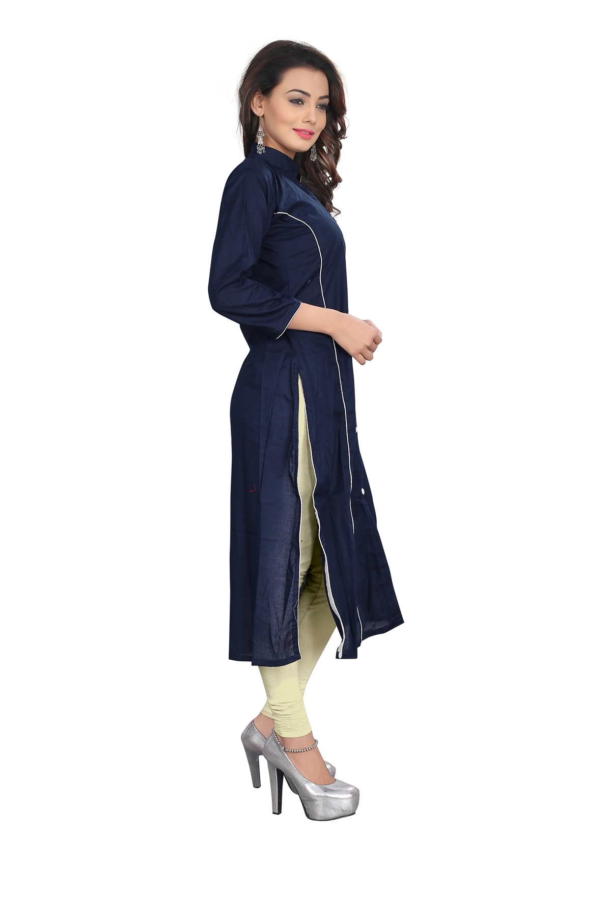 Long Kurtas - Cotton Material, Casual Dress Type, Plain Pattern, Black Color - All Season Wear