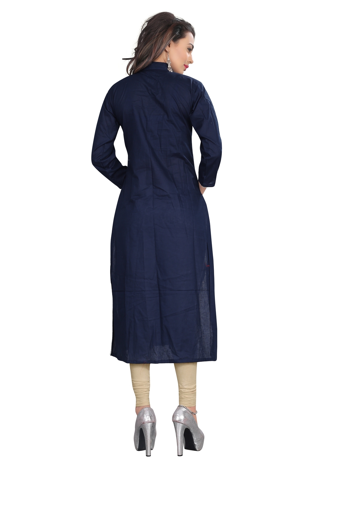 Long Kurtas - Cotton Material, Casual Dress Type, Plain Pattern, Black Color - All Season Wear