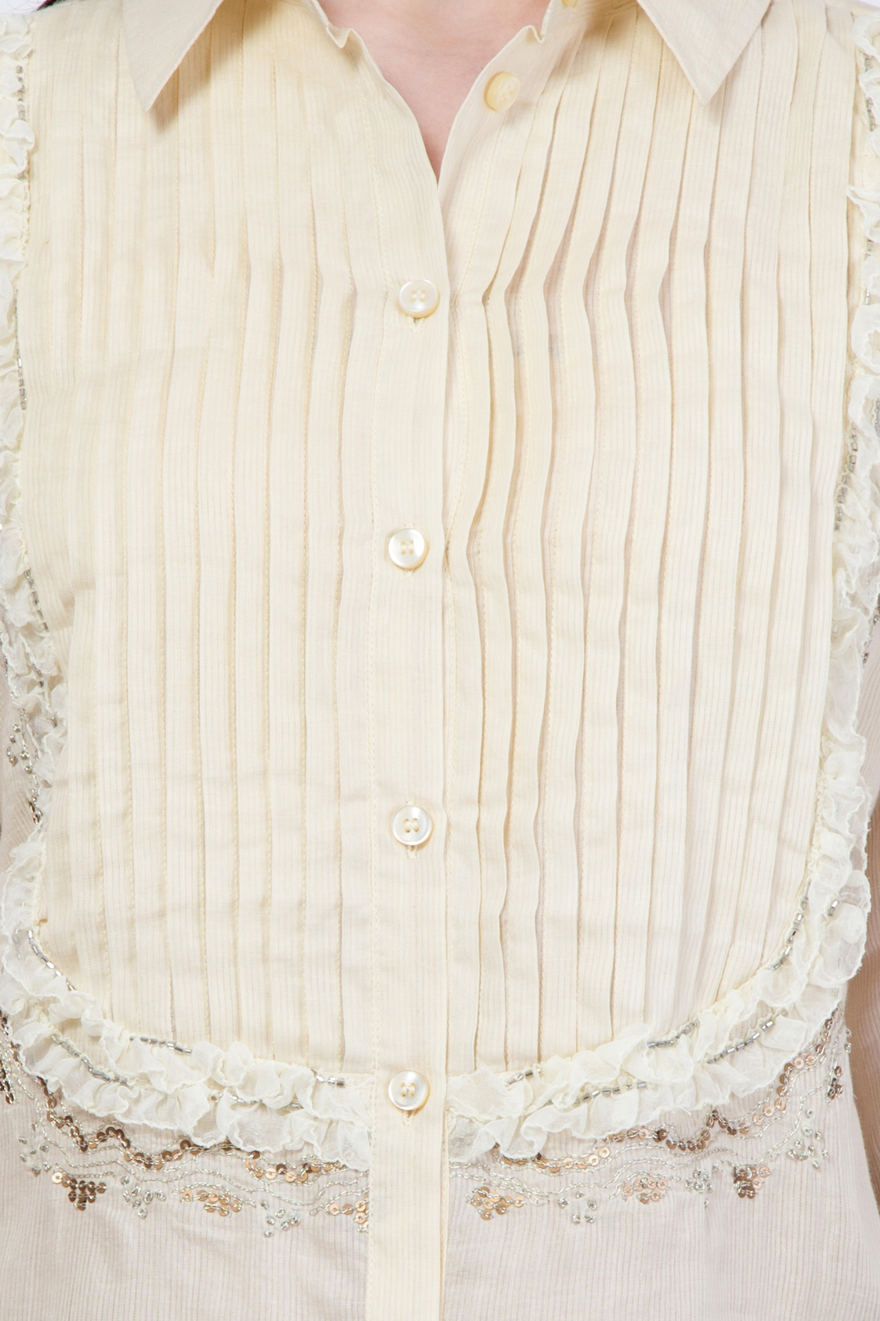 Cotton Shirt - Hip Length, Cream Color, Long Sleeves, Regular Fit, Button Closure, Collared