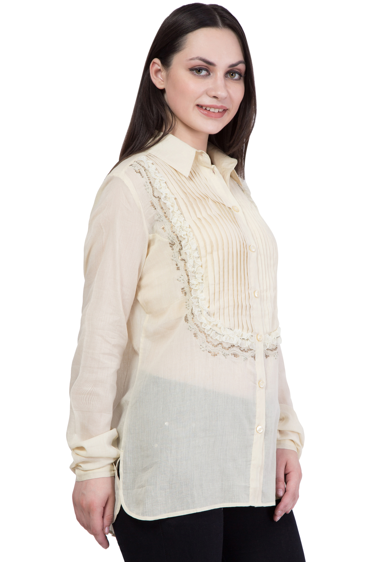 Cotton Shirt - Hip Length, Cream Color, Long Sleeves, Regular Fit, Button Closure, Collared