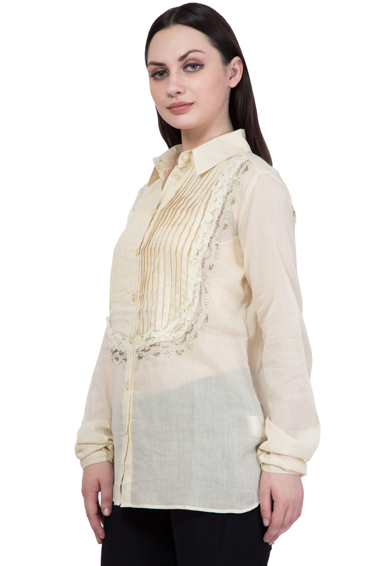 Cotton Shirt - Hip Length, Cream Color, Long Sleeves, Regular Fit, Button Closure, Collared