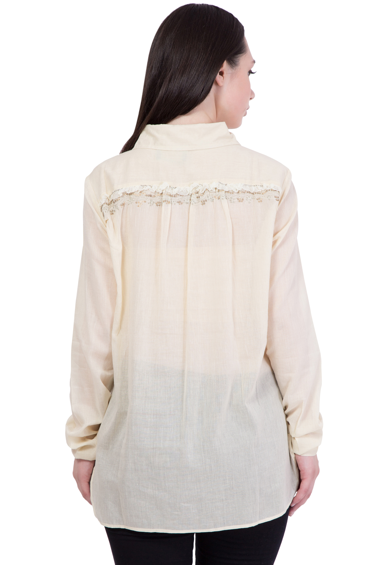 Cotton Shirt - Hip Length, Cream Color, Long Sleeves, Regular Fit, Button Closure, Collared