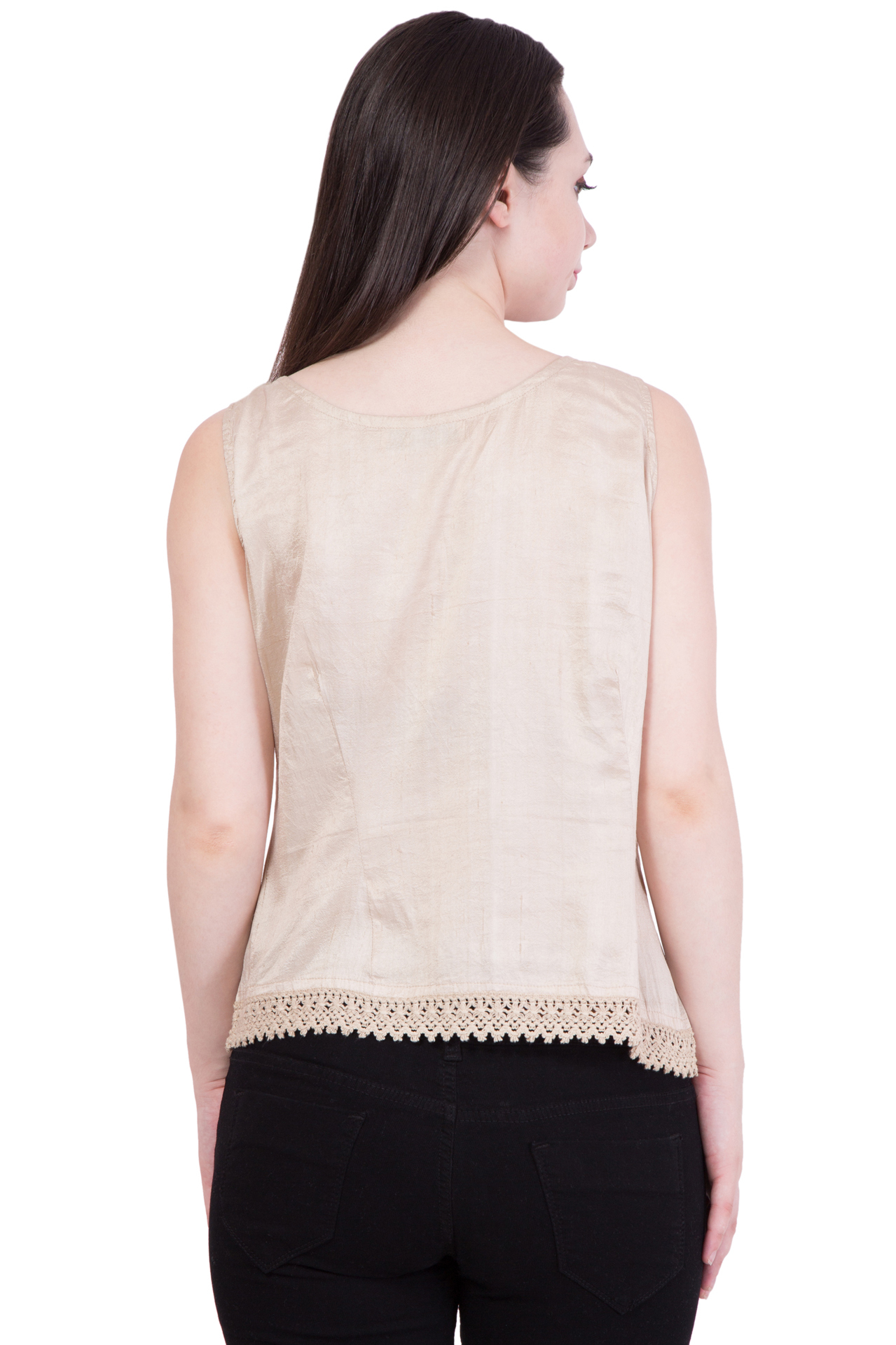 Cotton V Neck Sleeveless Top - Small Size, Beige Color | Button Closure, Regular Fit