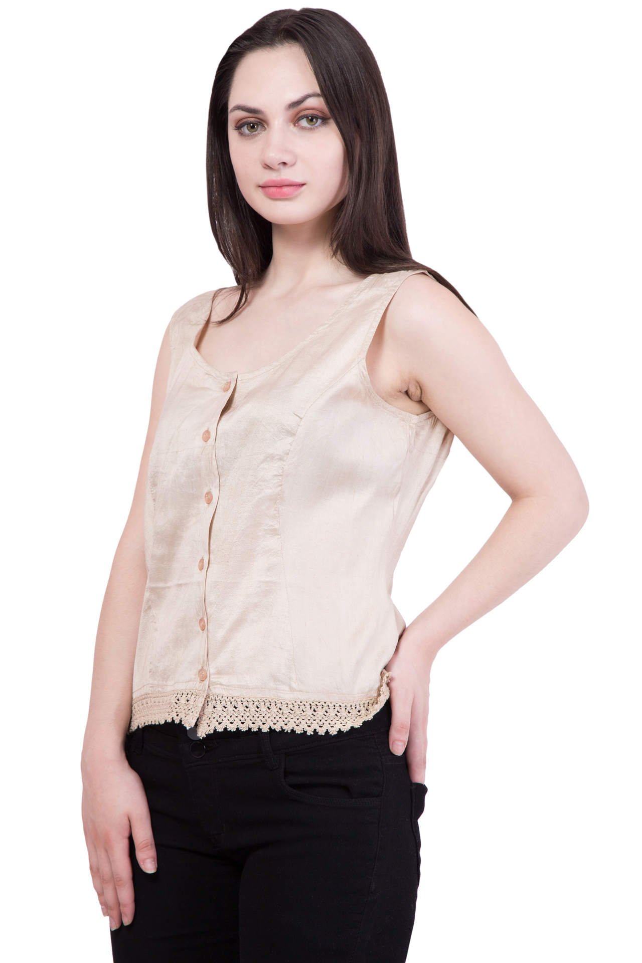 Cotton V Neck Sleeveless Top - Small Size, Beige Color | Button Closure, Regular Fit
