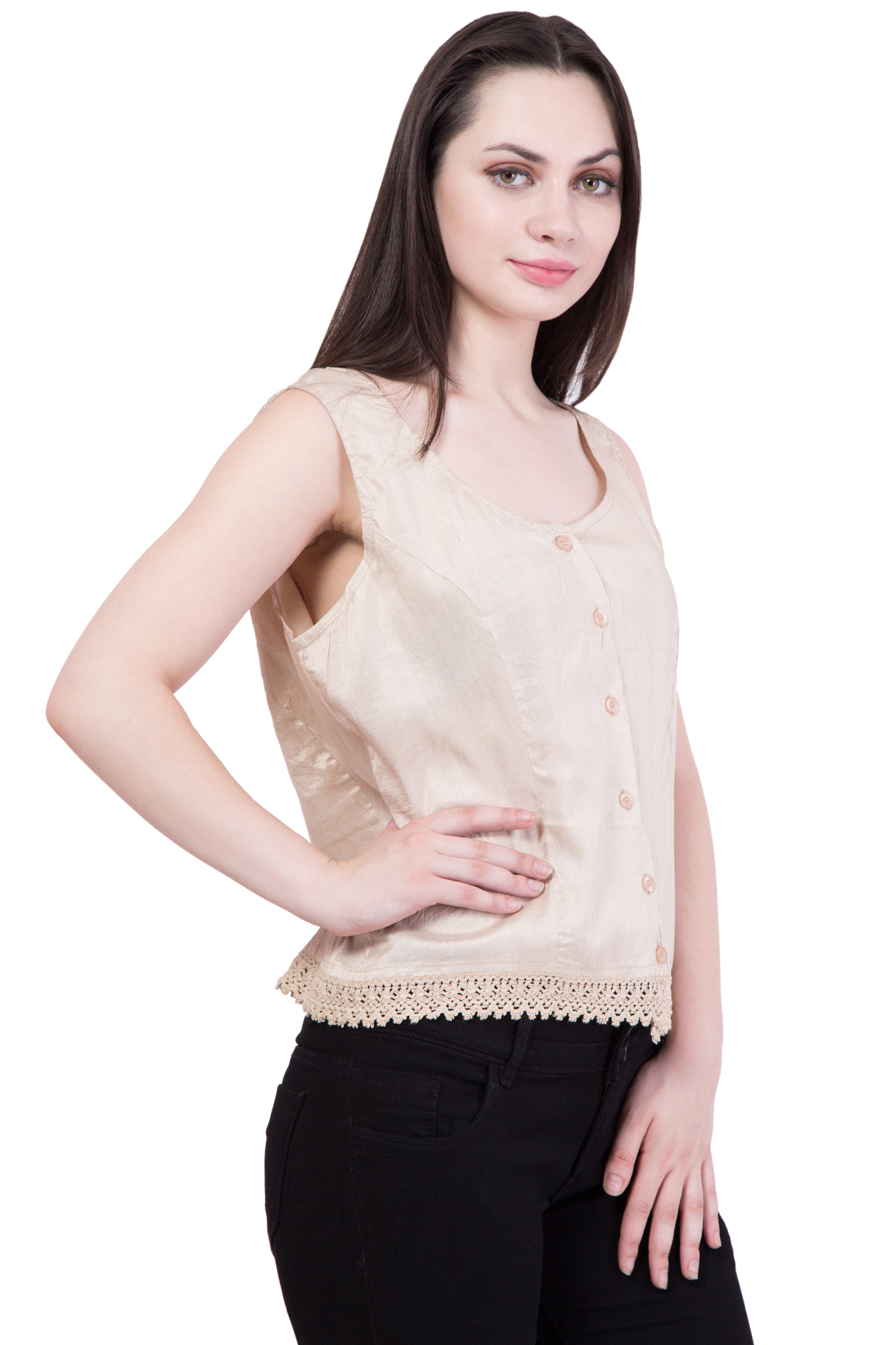 Cotton V Neck Sleeveless Top - Small Size, Beige Color | Button Closure, Regular Fit